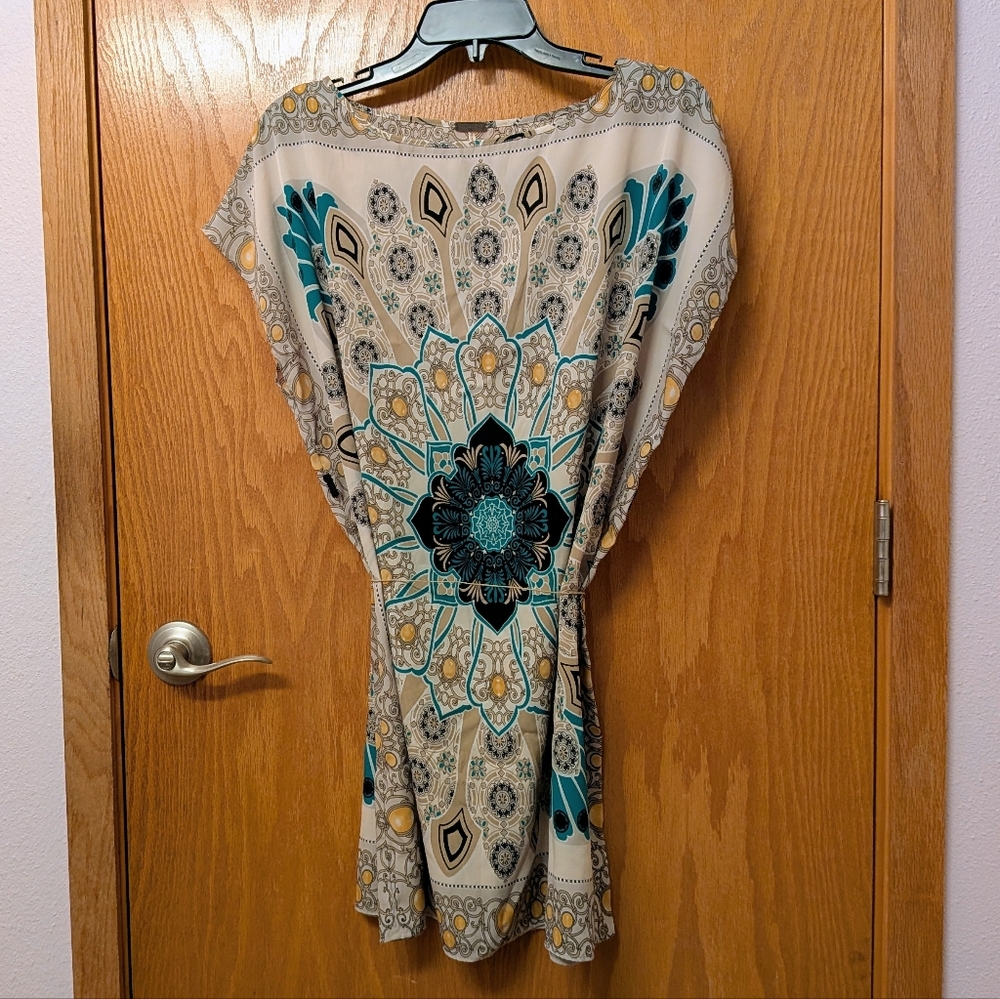 Elegant Teal and Beige Midi Dress